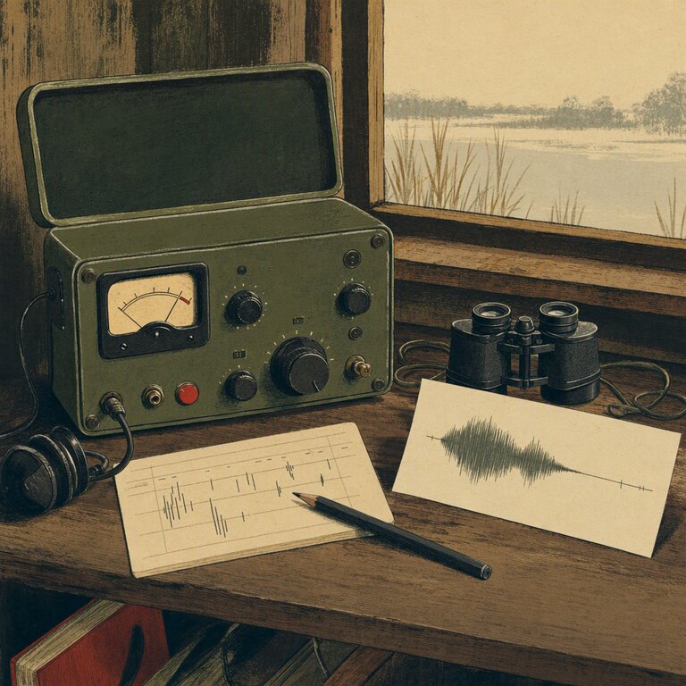 Illustrated field desk with an analog receiver, binoculars, evidence notes, and a sound waveform